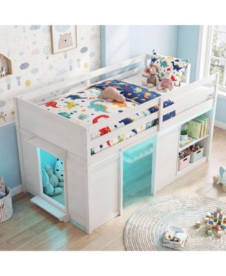 Wooden Low Kids Loft Bed with  LED Lights and 2 Doors