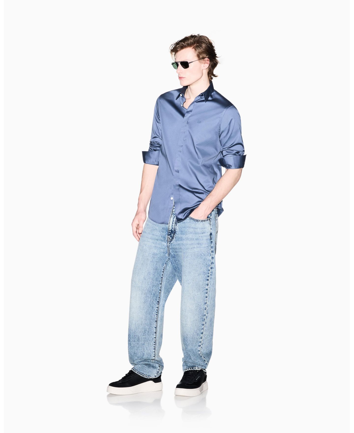Мужская рубашка A|X Armani Exchange Long Sleeve Solid Slim Fit, цвет: Синий — фото 2