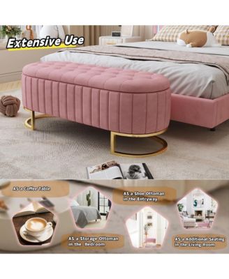 Velvet Upholstered Storage Ottoman - Button-Tufted, Golden Metal Legs, Storage Bench for Bedroom, Living Room