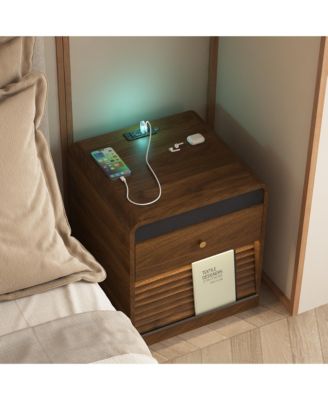 Smart Nightstand with Charging Station and LED Light, Modern Bedside Table with Storage Drawers for Bedroom