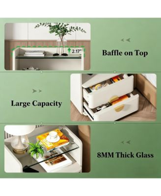 2-Drawer Nightstand, Modern Wood Bedside Table with Open Tempered Glasses Storage Space, End Table for Living Room and Bedroom