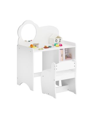 Kids Vanity Desk Set with Mirror and Chair, Wooden Dressing Table with Storage Shelves, Study and Activity Table for Girls and Boys
