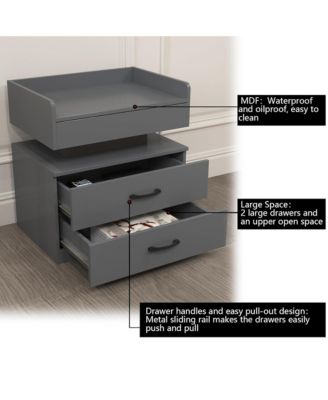 Wood Nightstand with Adjustable LED Light Strip, Modern Bedside Table with 2 Drawers and Open Storage Compartment, Side End Table for Bedroom