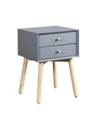 1 Pc Rubber Wood & MDF Mid Century Modern Nightstand with 2 Drawers Storage Bedside Table