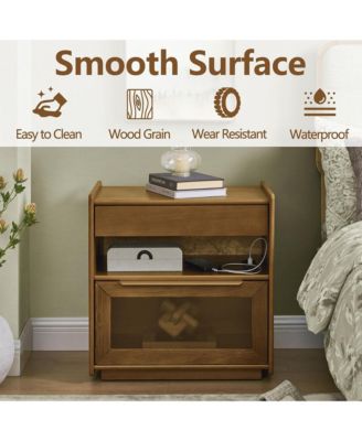 Nightstand with Charging Station and Outlet Hole, Mid Century Modern Bedside Table with Open Shelf, End Table for Living Room