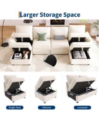 Sectional Sleeper Sofa with Pull-Out Bed, Chenille Modular Couch with Storage and 2 Ottomans