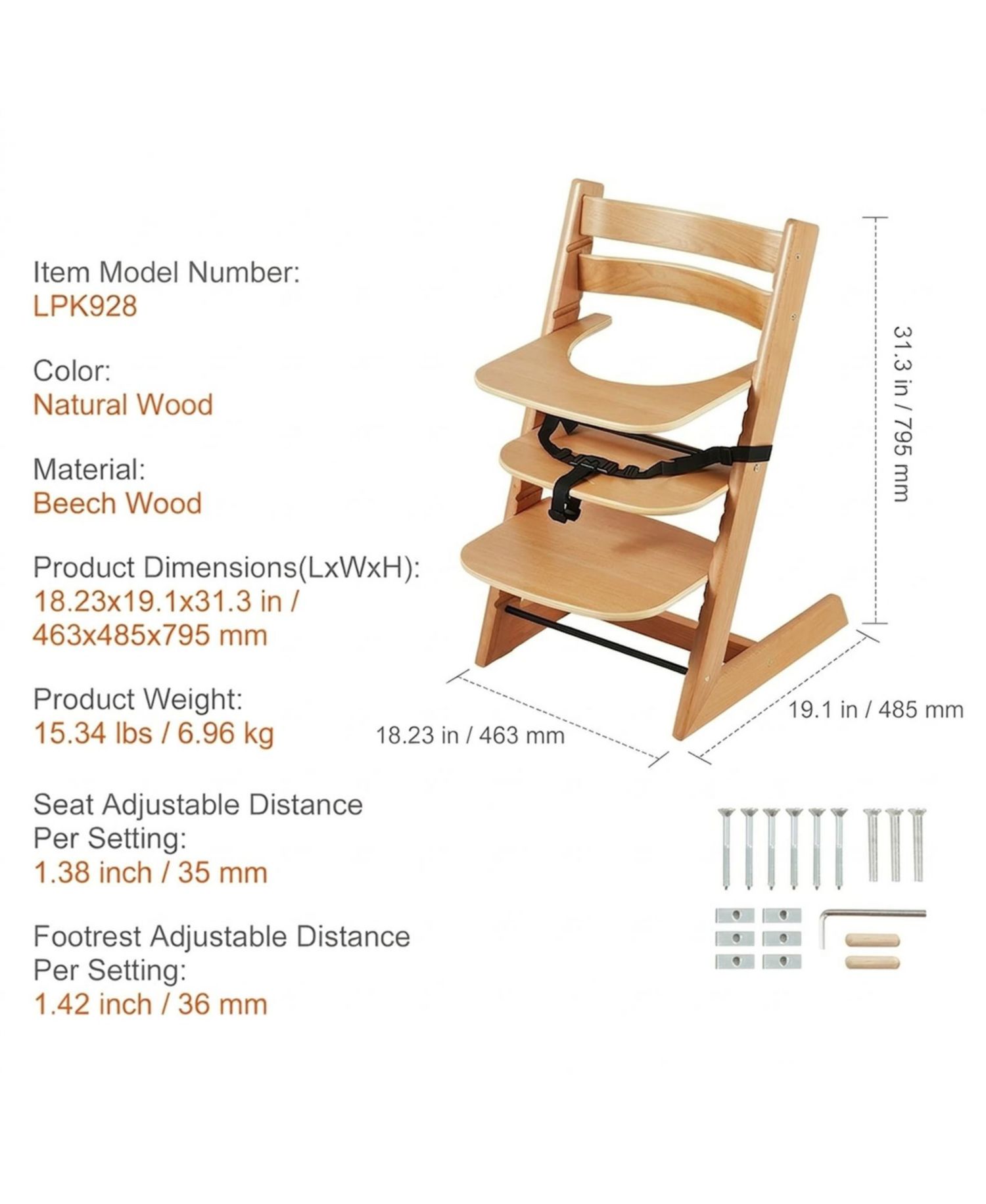Toddler Wooden High Chair for Babies and Toddlers Adjustable Convertible Feeding Chair with Tray