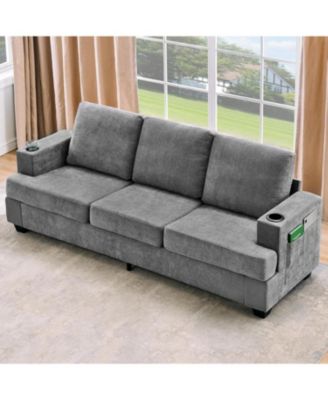 89" 3-Seater Sofa, Chenille Couch with Deep Seat, Cup Holders and Storage Pockets