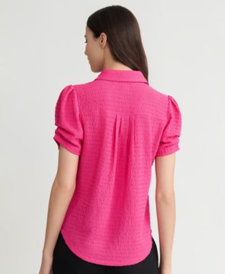 Women's Textured Collared Button-Front Blouse, Regular & Petite