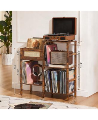 Record Player Stand Vintage Wood Rattan Media Table Display Shelf