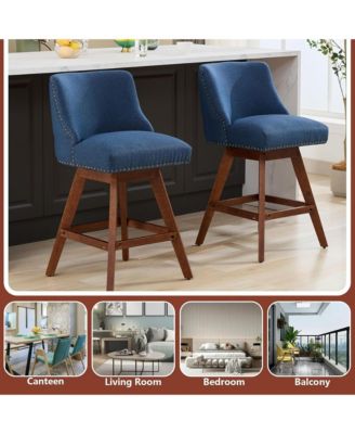 Swivel Bar Stools Set of 2, Modern Upholstered Counter Height Chairs with Wooden Legs and Nailhead Trim for Kitchen Island