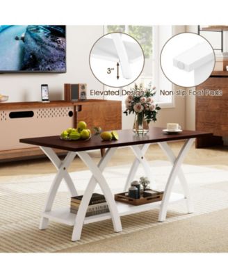 40 Inch Farmhouse Wooden 2-Tier Coffee Table with Storage Shelf for Living Room