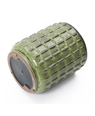 14" Tall Ceramic Planter Pot for Indoor Outdoor Plants with Geometric Texture, Large Garden Plant Pots with Drainage Hole, Green