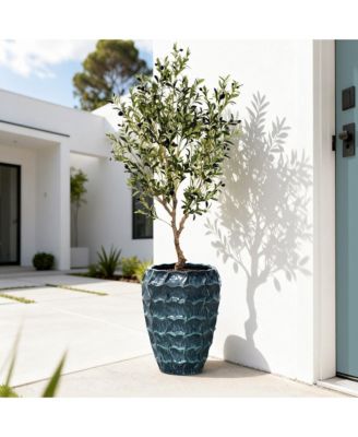 14" Tall Ceramic Planter Pot for Indoor Outdoor Plants with Geometric Texture, Large Garden Plant Pots with Drainage Hole, Blue