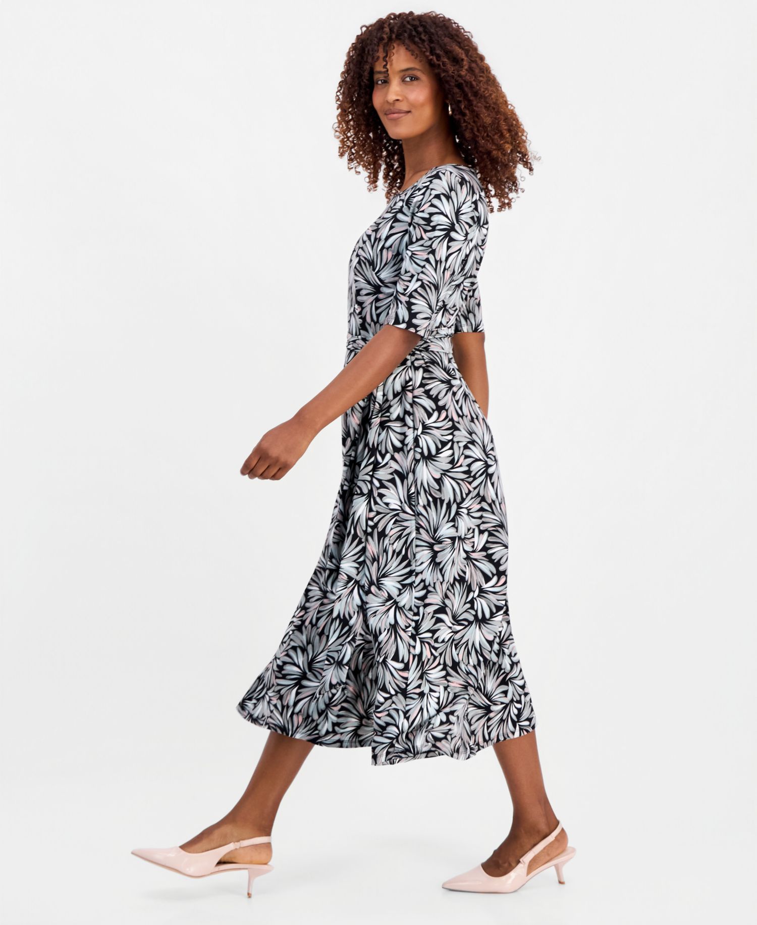 Women's Printed Elbow-Sleeve Fit & Flare Dress