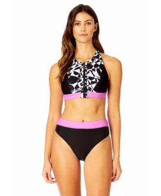 Women's Optical Illusion Zip Longline Bra Swim Top