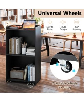 Rolling Podium Stand with 2 Shelves and Lockable Wheels