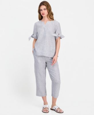 Petite Beach Stripe High-Rise Cropped Linen Pants