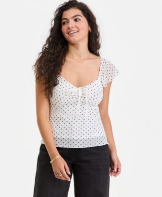 Juniors' Flutter-Sleeve Tie-Neck Top
