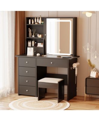 Vanity Desk with Sliding Mirror, LED Lights, Charging Station