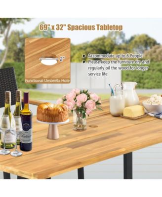 5PCS Rattan Dining Set Acacia Wood Table 4 Wicker Chairs w/ Umbrella Hole Patio