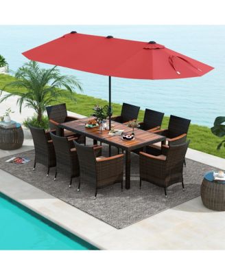 9 Piece Patio Wicker Dining Set w/ Double-Sided Patio Wine Umbrella Stackable Chairs