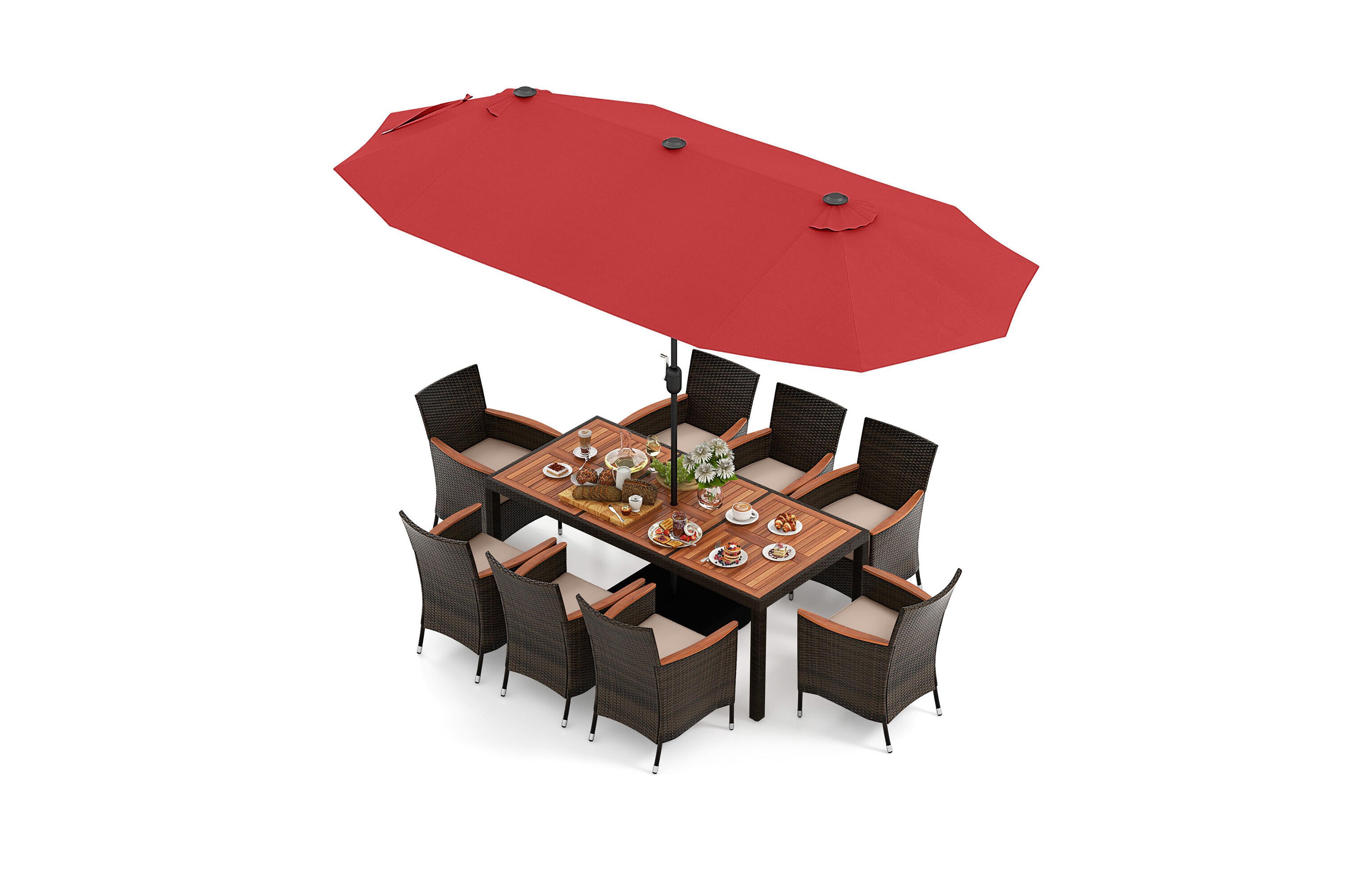 Gymax 9 Piece Patio Wicker Dining Set w/ Double-Sided Patio Wine Umbrella Stackable Chairs