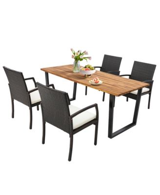 5PCS Rattan Dining Set Acacia Wood Table 4 Wicker Chairs w/ Umbrella Hole Patio