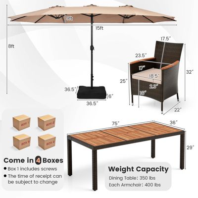 9 Piece Patio Wicker Dining Set w/ Double-Sided Patio Coffee Umbrella Stackable Chairs