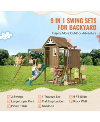 9 in 1 Wooden Swing Set with Slide Swings Fort Picnic Table and Sandbox