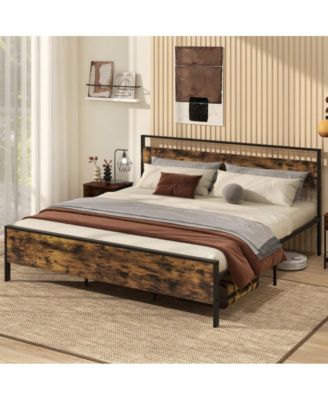 Metal Bed Frame Industrial Platform Bed with Wooden Headboard