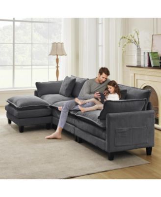 112" Modular Sectional Sofa, L/U-Shaped Corduroy Cloud Couch with Ottoman and Pillows, Deep Seat