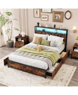 LED Bed Frame with Charging Station and 4 Storage Drawers