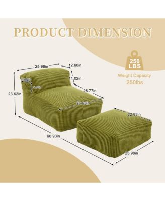 Corduroy Bean Bag Chair with Ottoman - Big Beanbag Chair with Side Pockets and Memory Foam Filler, Floor Lounge Bed for Living Room