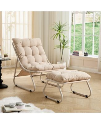 Outdoor Lounge Chair - Sling Recliner Chair with Puffy Cushion and Foot Stool for Living Room, Reading Room, Bedroom