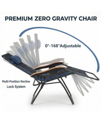 Foldable Lounge Chair, Portable Zero Gravity Recliner with Cup Holder and Wooden Armrests for Outside Patio, Beach and Lawn, Support 400 LBS