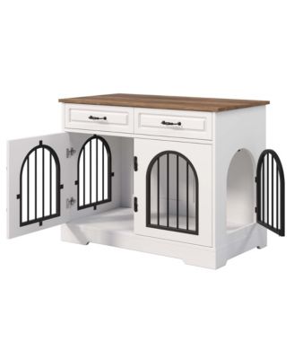 43.3" Dog Crate Furniture with Storage Drawers, Side Doors for Medium Large Dogs, End Table Kennel, WhiteandBrown
