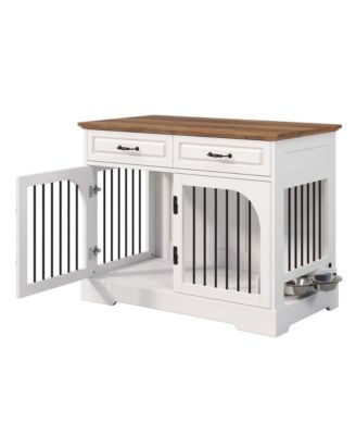 Farmhouse Dog Crate Furniture with Storage and Rotating Bowls, Metal Kennel for Large Dogs, Side Table