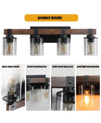 Modern Farmhouse 4-Light Vanity Light, 27" Industrial Wall Sconce with Wood Accents and Clear Glass Shades for Bathroom