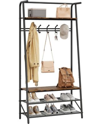 Coat Rack Shoe Bench, 4-in-1 Hall Trees Entryway Bench with Coat Rack and Shoe Rack, Wood Look Accent Furniture with Steel Frame Storage Shelf