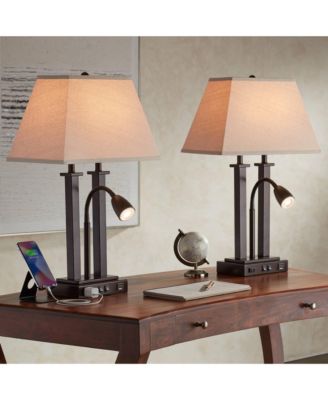 Deacon High Industrial Desk Lamps Set of 2 USB Port AC Power Outlet Gooseneck Bronze Finish Metal Charging