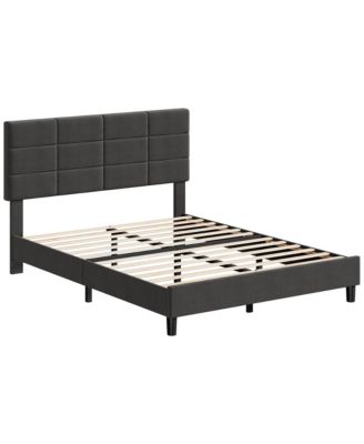 Bed Frame Adjustable Headboard Linen Upholstered Wood Slats No Box Spring Noise Free Minimalist