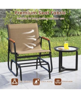 Patio Glider Chair Set of 2 with Curved Teak Armrests and Breathable Fabric Seat