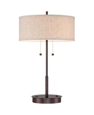 Modern Accent Table Lamps 23.5" High Set of 2 with Hotel Style USB and AC Power Outlet in Base Fabric Drum Shade for Living Room