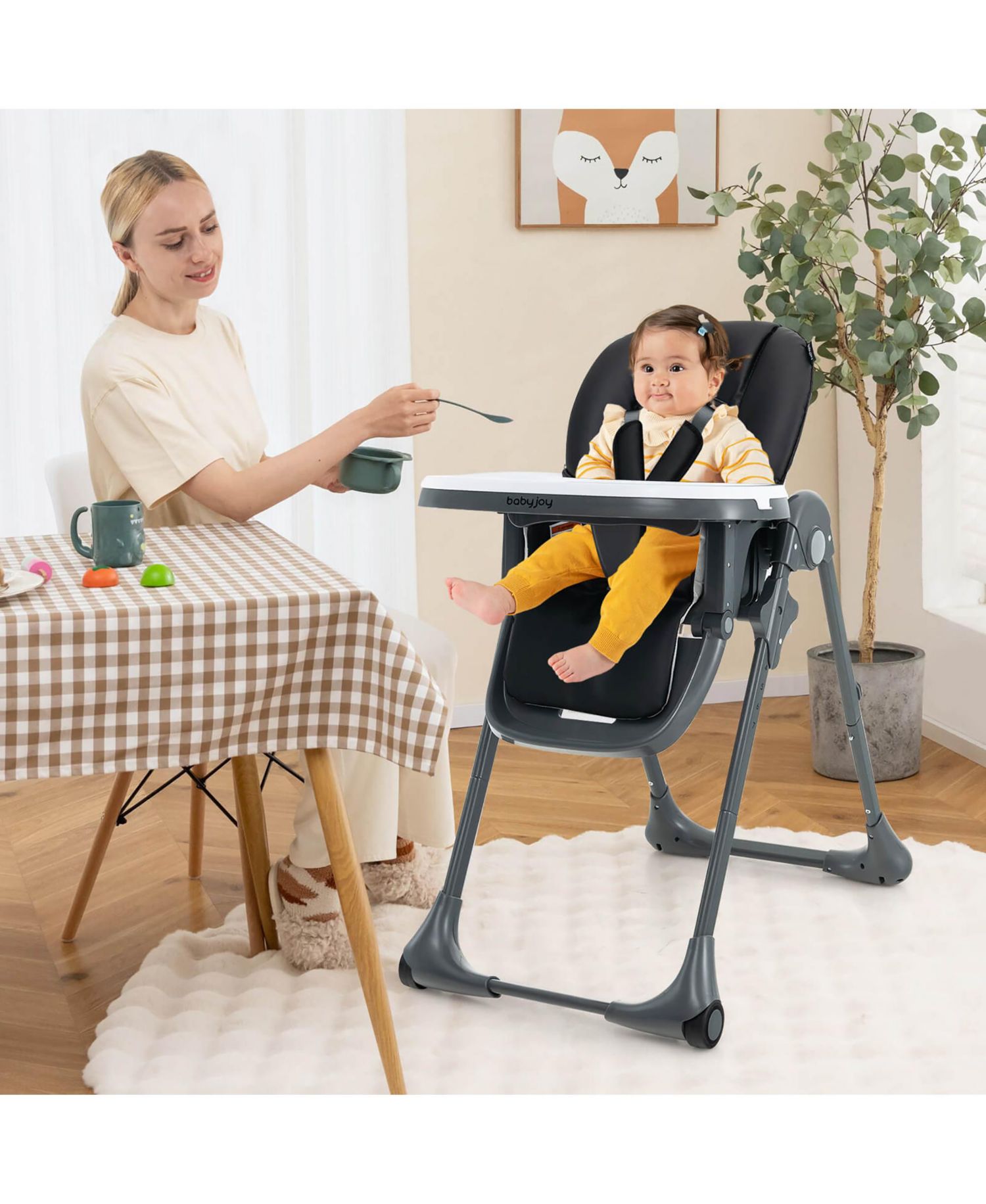 Baby High Chair w/ 7 Height and 3 Footrest Adjustable Cup holder 2 Wheels