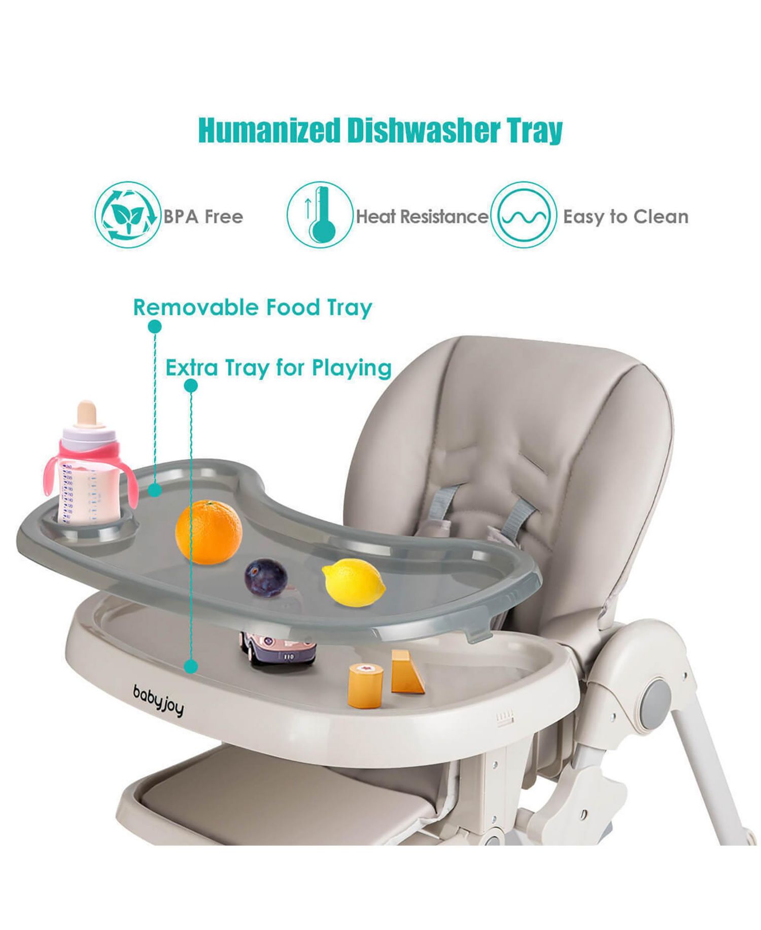 Baby High Chair w/ 7 Height and 3 Footrest Adjustable Cup holder 2 Wheels