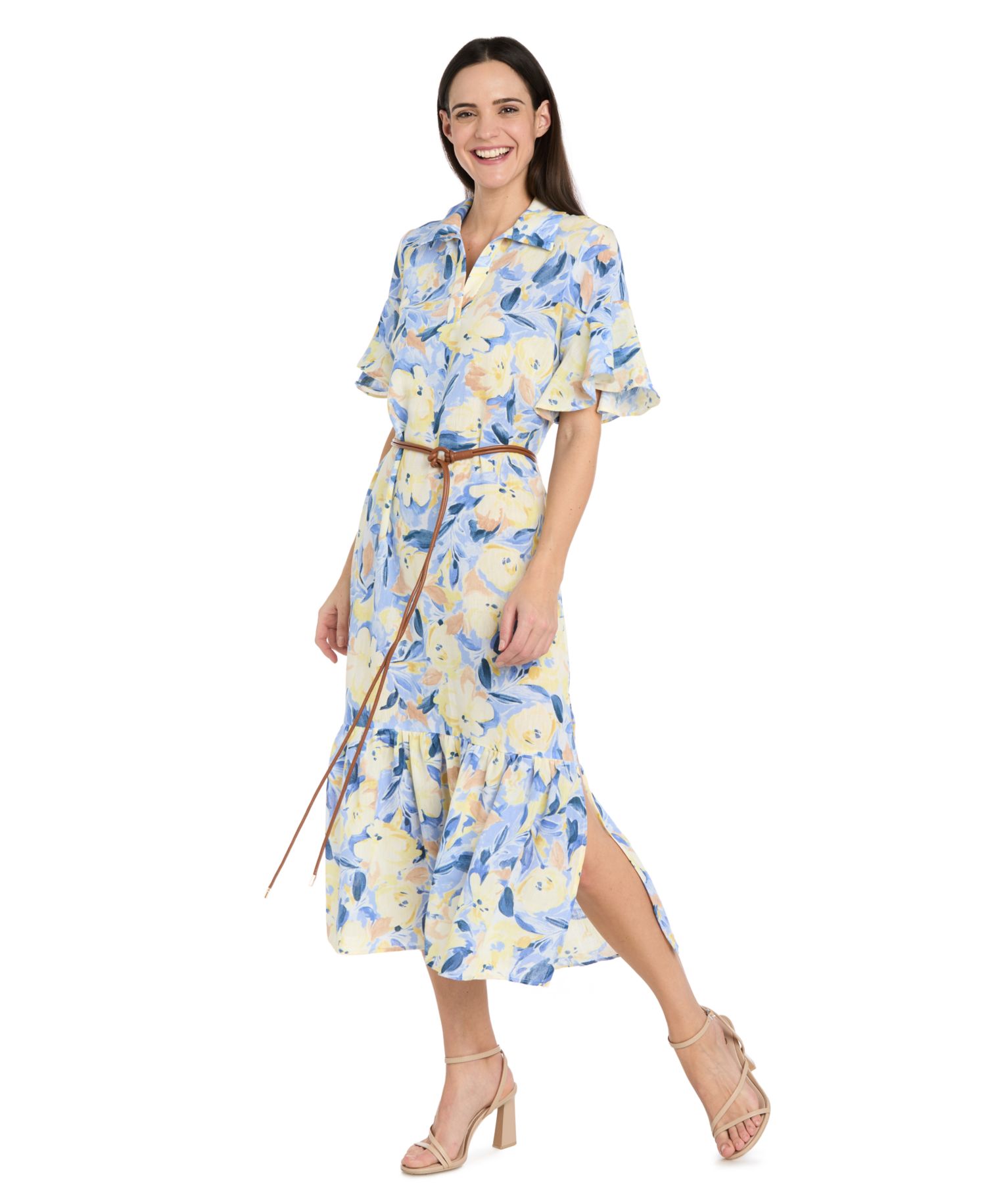 Petite Belted Collared Midi Dress