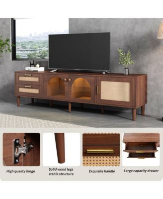 LED TV Stand for TVs up to 80'', Rattan Media Console Table, Entertainment Center with 3 Cabinets and 2 Drawers for Living Room
