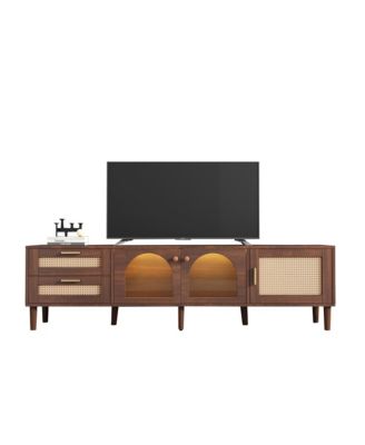 LED TV Stand for TVs up to 80'', Rattan Media Console Table, Entertainment Center with 3 Cabinets and 2 Drawers for Living Room