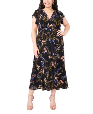 Plus Size Floral Print V-Neck Midi Dress
